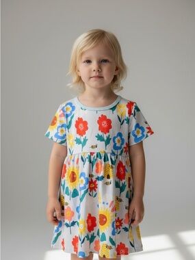 Girls' Light Blue Floral & Bee Print Dress